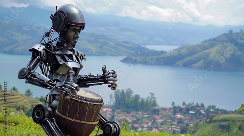 Cultural Fusion Highlighted by a Robot Playing Traditional Batak Gondang Instrument with the Stunning Lake Toba Scenery in the Background Showcasing Innovation in Music and Tech photo