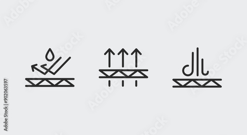 Waterproof, Breathable, Insulated icons. Fabric property icons set. Waterproof layer, Breathability arrows, Insulation symbol icons isolated on white background. Vector illustration.