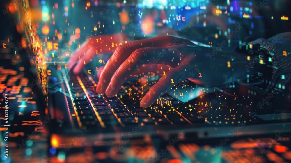 Close-up of hands typing on a keyboard with glowing digital connections, with bokeh light background Close-up of hands typing on a keyboard with glowing digital connections, with bokeh light background