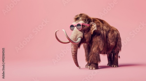 Mammoth wearing sunglasses on pink background, humorous animal concept