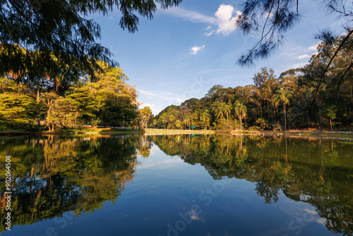 Fotografia do lago principal do Horto Florestal de São Paulo, parque localizado na zona norte da cidade de São Paulo, Brasil