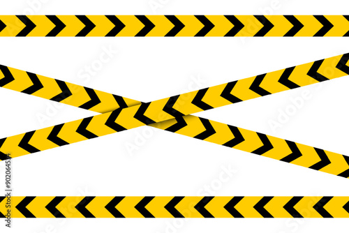 Set of horizontal and crossed caution tapes with black and orange diagonal slashes or chevron print. Warning borders in construction work zone or crime scene. Vector flat illustration.
