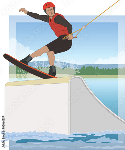 wakeboarding sport, male rider on a wakeboard jumping off the ramp on open water
