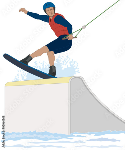 wakeboarding sport, male rider on a wakeboard jumping off the ramp isolated on a white background
