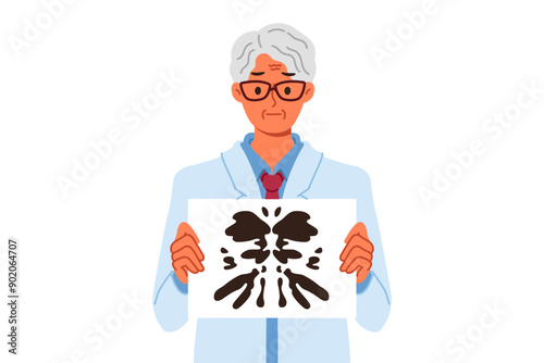 Psychotherapist uses rorschach test to check person mental health and identify mental problems. Gray-haired business man with rorschach test to check adequacy of candidate for vacant position
