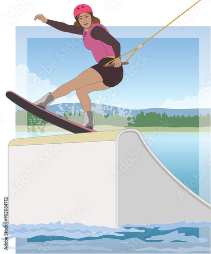 wakeboarding sport, female rider on a wakeboard jumping off the ramp on open water