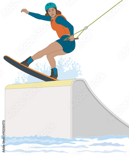 wakeboarding sport, female rider on a wakeboard jumping off the ramp isolated on a white background
