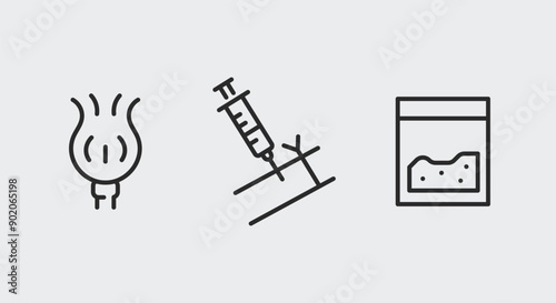 Heroin and drug use icons. Heroin and drug use trendy minimal icons set. Example: Poppy Pod, Syringe, Bag of Heroin icon. Design signs for web page, mobile app, packaging design. Vector illustration