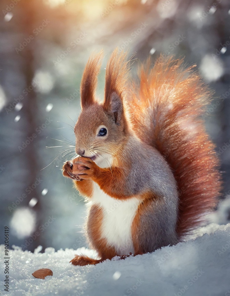 Cute red squirrel eats a nut in winter scene with nice blurred forest in the background