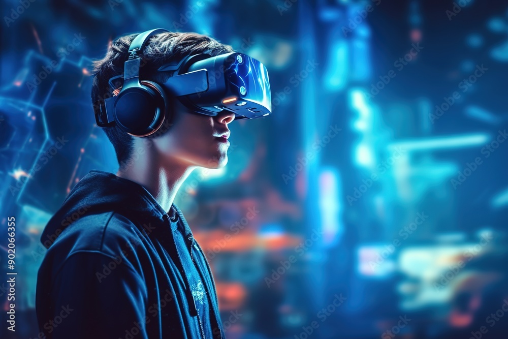 Boy wearing VR goggles with copy space