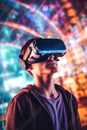 Boy with virtual reality, neon lights ad background