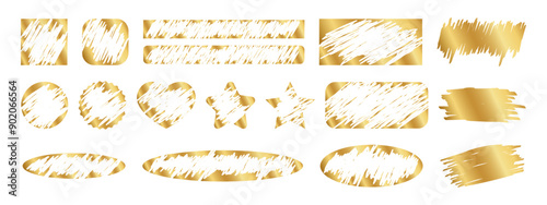 Set of gold scratch card surfaces in square and circle, rectangle and oval, star and heart forms. Collection of winner lotteries, sale coupons, jackpot scratchcards templates. Vector illustration.