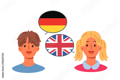 Multilingual communication of children communicating thanks to knowledge of english and german. Multilingual boy and girl use words from different cultures to share experiences with peers