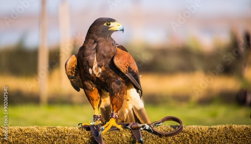 Falconry. Harris hawk (Parabuteo unicinctus) bird of prey on display. Also known as Bay-winged hawk and Dusky hawk here standing with falconers jess (leather leash) attached photo