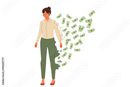 Bankruptcy of business woman falling apart into banknotes is caused by high credit obligations. Upset woman became victim of bankruptcy due to financial crisis and decrease in personal income