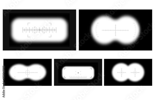 Binoculars POV frame overlay set. Binoculars aim sight, blurred border vector illustration