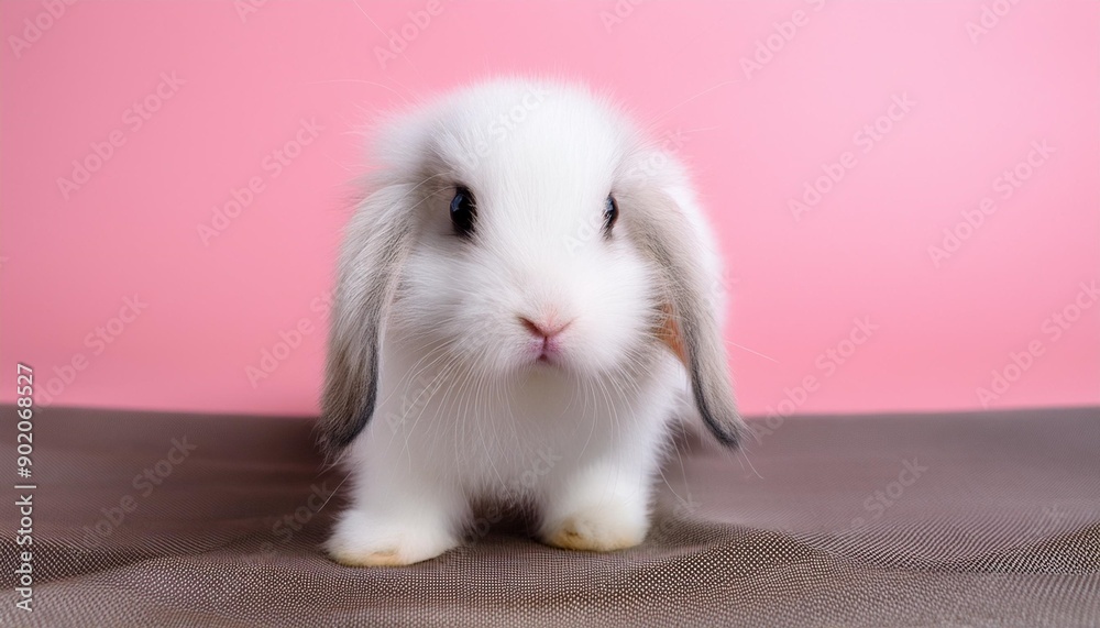 Front view of white cute baby holland lop rabbit standing on pink background. Lovely action Front view of white cute baby holland lop rabbit standing on pink background. Lovely action