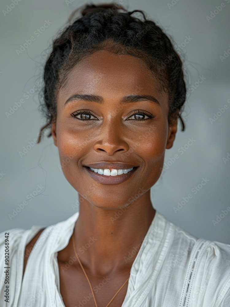 black woman, lite smile front portrait magic lite, lite gray white gradient background, studio, dark hair