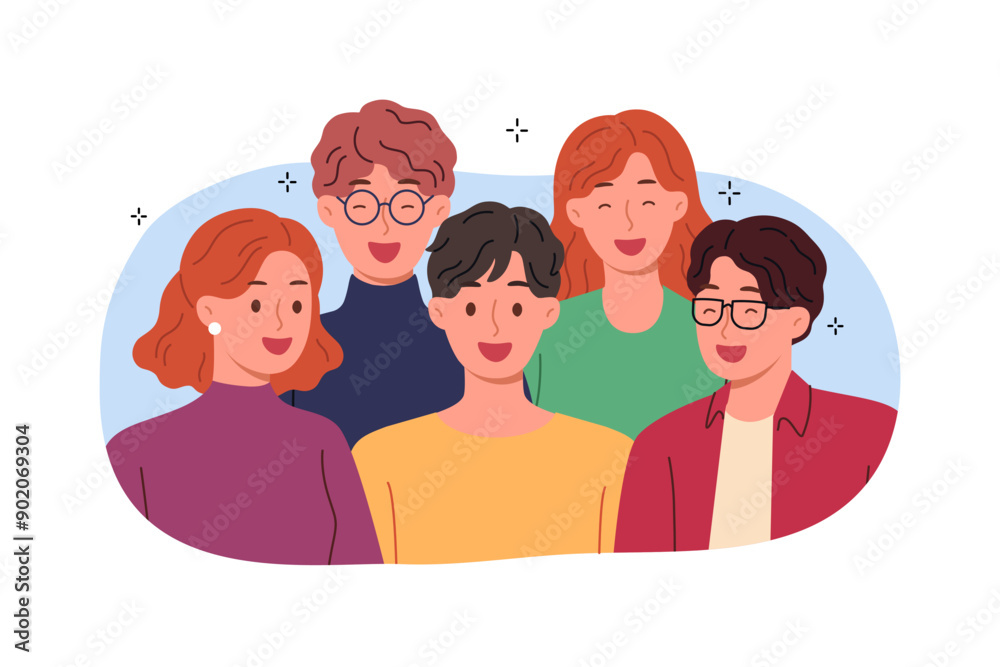Laughing people students pose together for joint portrait, dressed in casual clothes. Satisfied laughing men and women smile, rejoicing at meeting and opportunity to chat with friends