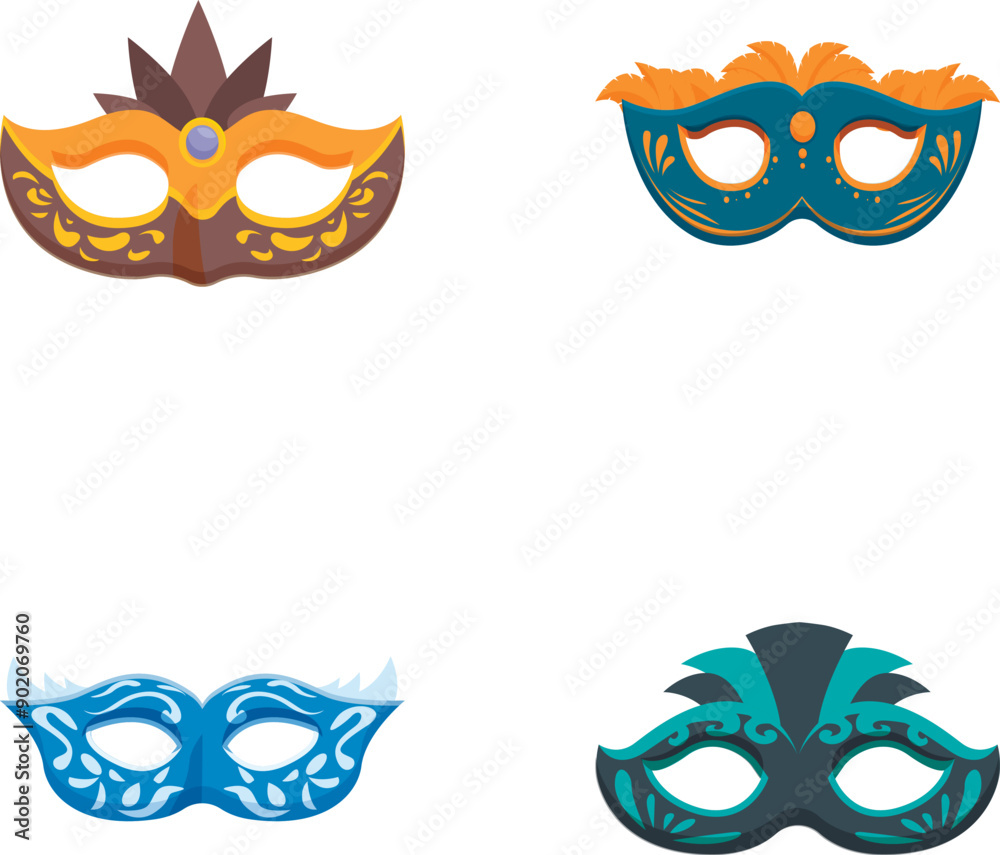 Collection of four colorful masquerade masks isolated on a white background Collection of four colorful masquerade masks isolated on a white background