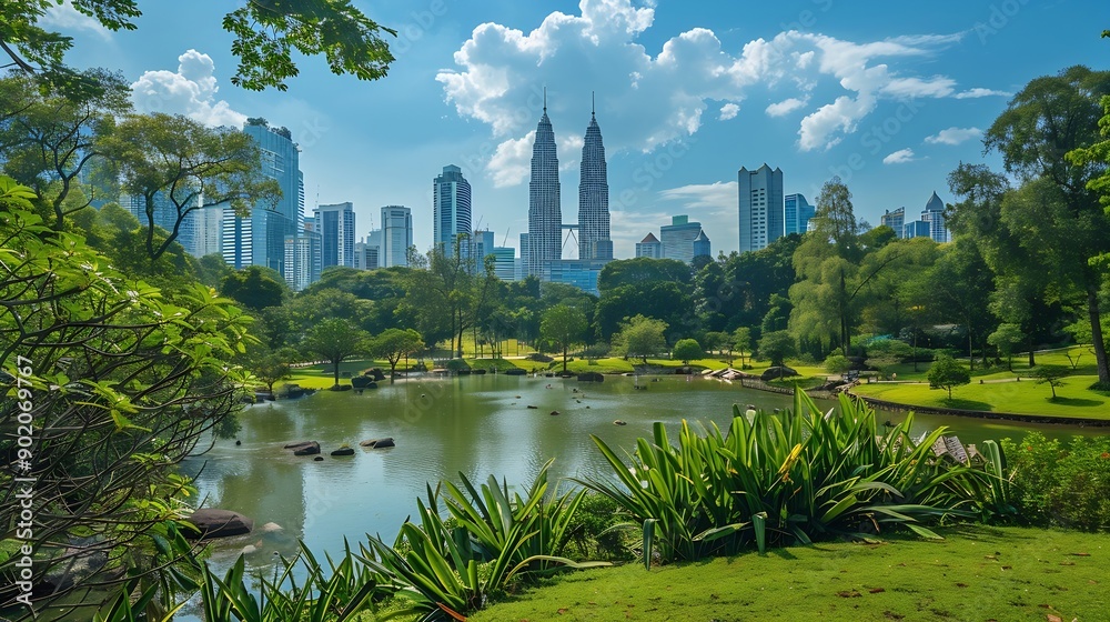 Fototapeta premium Scenic Kuala Lumpur skyline Amazing view of a green city park in Kuala Lumpur Malaysia Highrise buildings are visible on blue sky background Kuala Lumpur is a popular tourist destinati : Generative AI