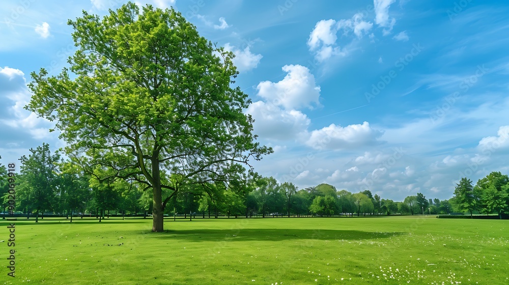Park and outdoor concept Spring landscape big tree on green grass meadow New young green leaves on twig in in the park under blue sky Nature greenery background Amstelpark Amsterdam Ne : Generative AI Park and outdoor concept Spring landscape big tree on green grass meadow New young green leaves on twig in in the park under blue sky Nature greenery background Amstelpark Amsterdam Ne : Generative AI