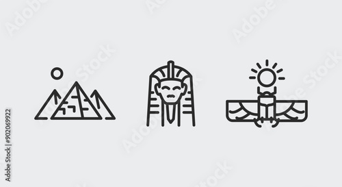 Ancient Egyptian icons. Ancient Egyptian trendy minimal icons set. Example: Pyramids, Pharaoh, Sun God Ra icon. Design signs for web page, mobile app, packaging design. Vector illustration.