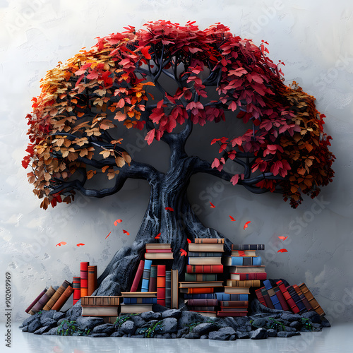 international literacy day concept with tree with books like leaves isolated on white background, photo, png photo