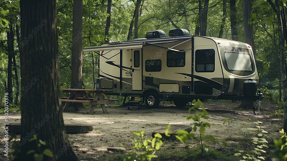 Naklejka premium Travel trailer camping in the woods at Mississippi Palisades State Park Illinois : Generative AI