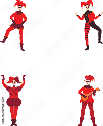 Collection of four colorful harlequin characters in various poses, isolated on white background