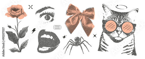 Set of elements with retro photocopy effect Y2K. Rose, eye, mouth, bow, spider and cat with glasses. Pop art design. Vector illustration for T-shirt prints, collage design, banner