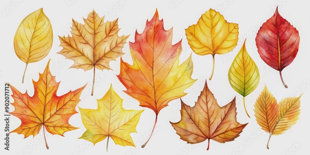 Watercolor collection of autumn leaves in yellow and red hues for seasonal card design , autumn, leaves, watercolor, seasonal, yellow Watercolor collection of autumn leaves in yellow and red hues for seasonal card design , autumn, leaves, watercolor, seasonal, yellow
