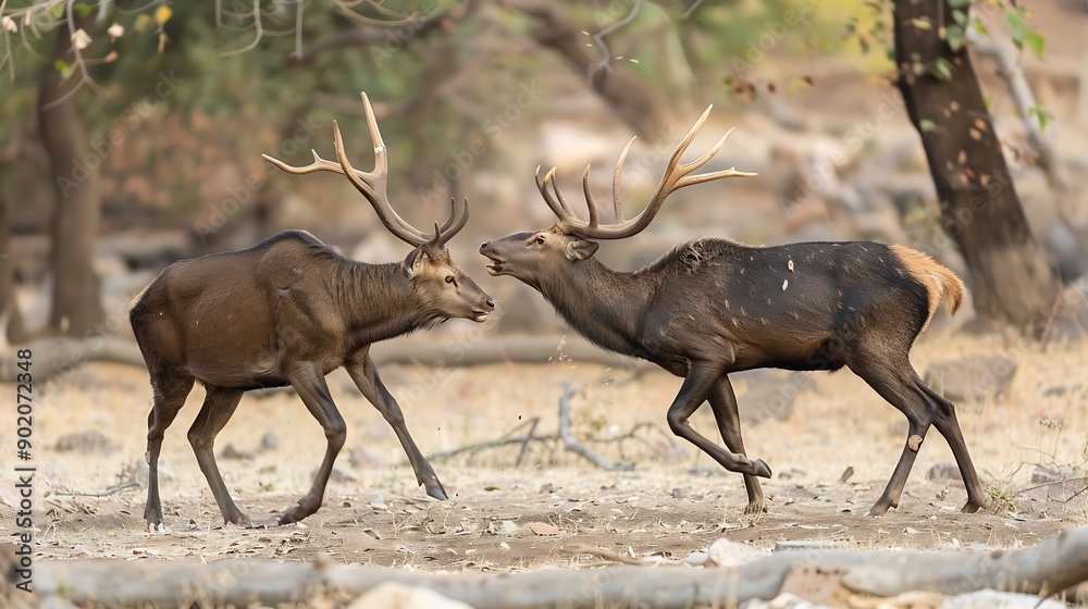 Fototapeta premium Two fully adult angry male Sambar deer in action fighting with their big long large antlers showing dominance at ranthambore national park or tiger reserve rajasthan india Rusa unicol : Generative AI