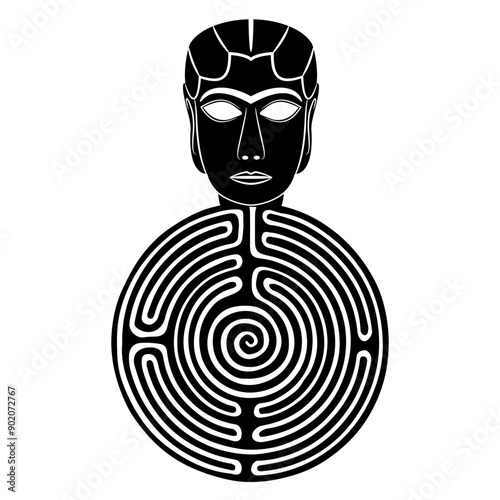 Female head of ancient woman or goddess Inanna from Iraq and a round spiral maze or labyrinth symbol. Mythological concept. Ariadne. The Mask from Warka. Lady of Uruk. Black and white silhouette.