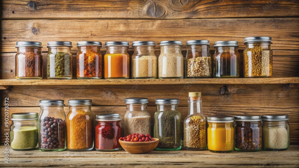 A shelf with jars of various spices and a jar of salt, spices, seasoning, pantry, cooking, kitchen, organization, culinary