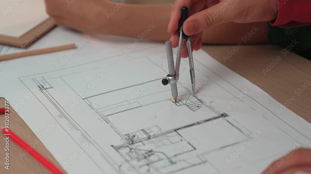Slow motion interior designer drafting blueprint with customer supervise and oversee interior designer draw house room layout on home based on client demand. Architectural customer service. Variegated