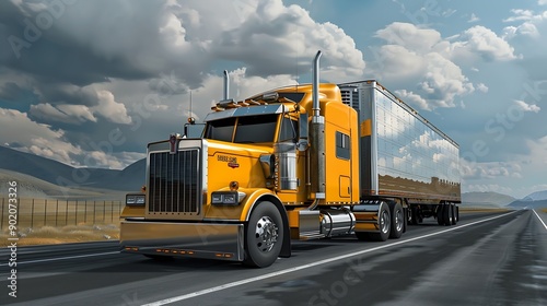 Industrial carrier long hauler classic yellow big rig semi truck tractor with high cab for truck driver rest transporting cargo in refrigerator semi trailer driving on the multiline hi : Generative AI