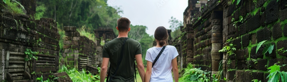 A couple explores ancient ruins surrounded by lush greenery, symbolizing adventure and romance in a serene setting. A couple explores ancient ruins surrounded by lush greenery, symbolizing adventure and romance in a serene setting.