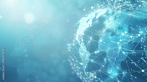 light blue background with a digital world map and global network connections, representing the concept of international business or connectivity
