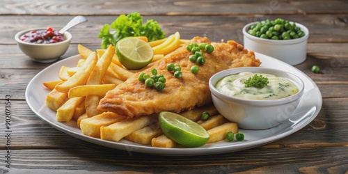 Traditional dish of Great Britain consisting of fish and chips served on a plate, Fish, chips, British, cuisine, meal