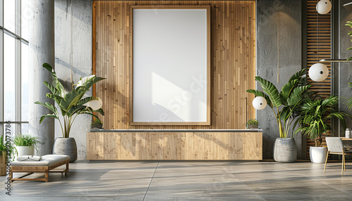 Sleek hotel loby with open layout with empty frame