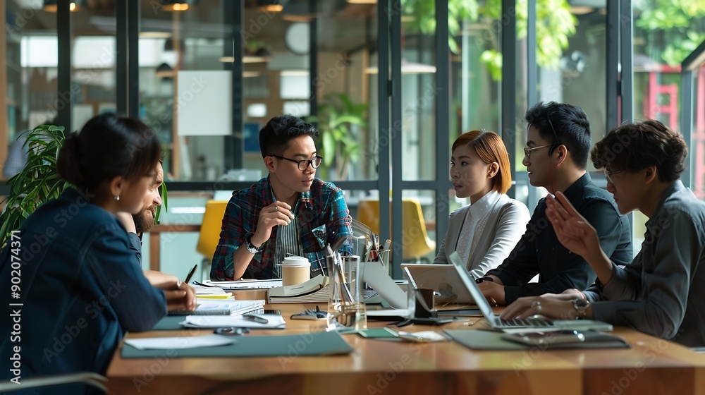 Office expert and business people in meeting teamwork and planning with feedback for funding proposal Accounting broker and employees with conversation review finances and trading with : Generative AI