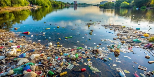 Polluted water full of rubbish and debris , water pollution, trash, garbage