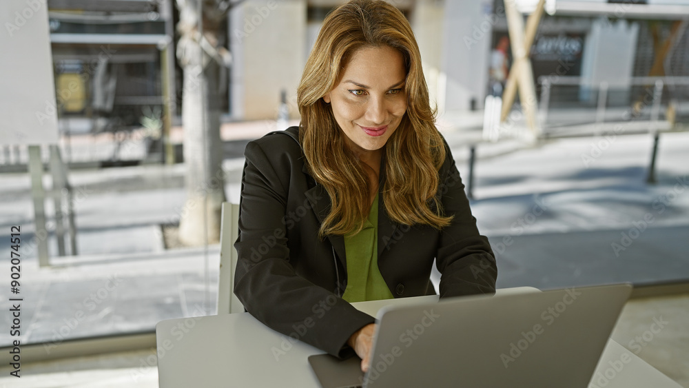 Confident hispanic businesswoman working on laptop in modern office. Confident hispanic businesswoman working on laptop in modern office.