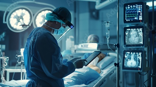 Doctor Utilizing Advanced Digital Tablet Technology in Modern Healthcare Medical Professional in Operating Room Analyzing RealTime Patient Data CuttingEdge Medical Innovations and solu : Generative AI photo