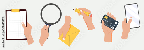 Hands gestures illustration set. Character hands making thumbs up, handshaking, holding smartphone, pencil and other