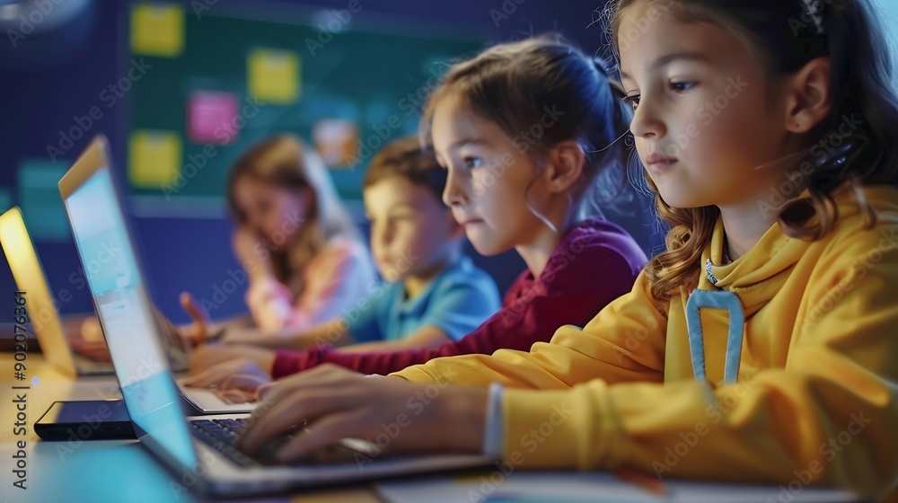 Group of TechSavvy Primary School Children Working on Their Laptop and ...