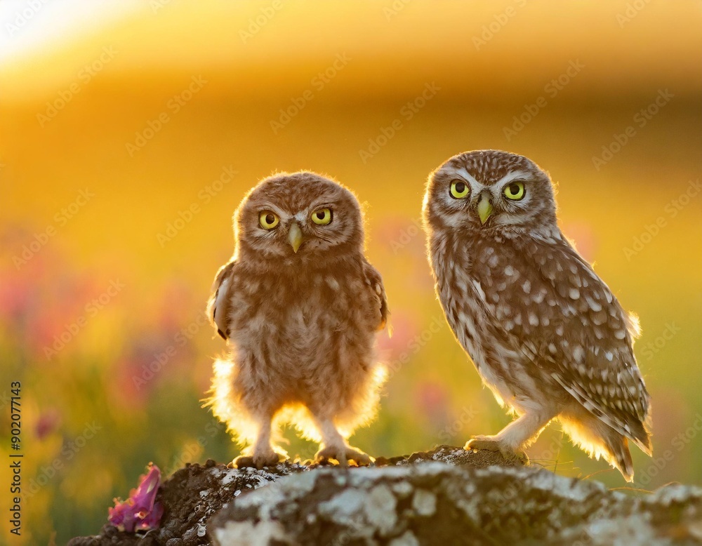 Two little owl Athene noctua on a beautiful background. Two little owl Athene noctua on a beautiful background.