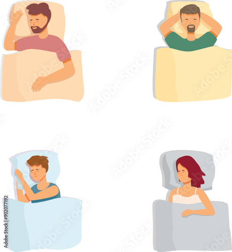Illustration of four individuals with different sleep discomforts, expressing unrest and insomnia