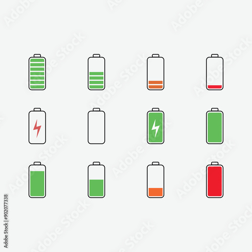 Icon set of mobile battery charging steps, mobile battery icons